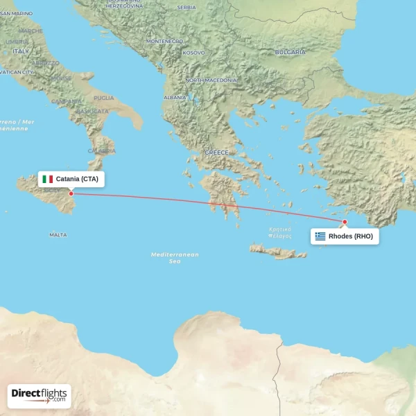 Rhodes - Catania direct flight map