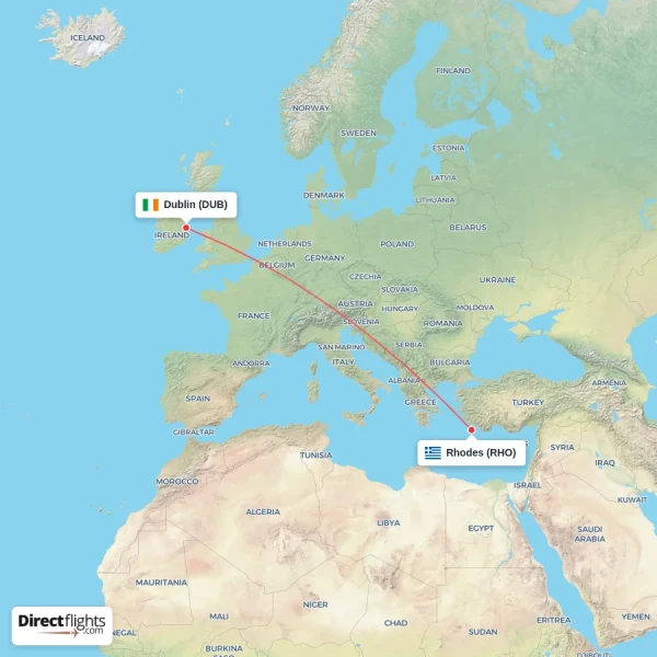 Rhodes - Dublin direct flight map