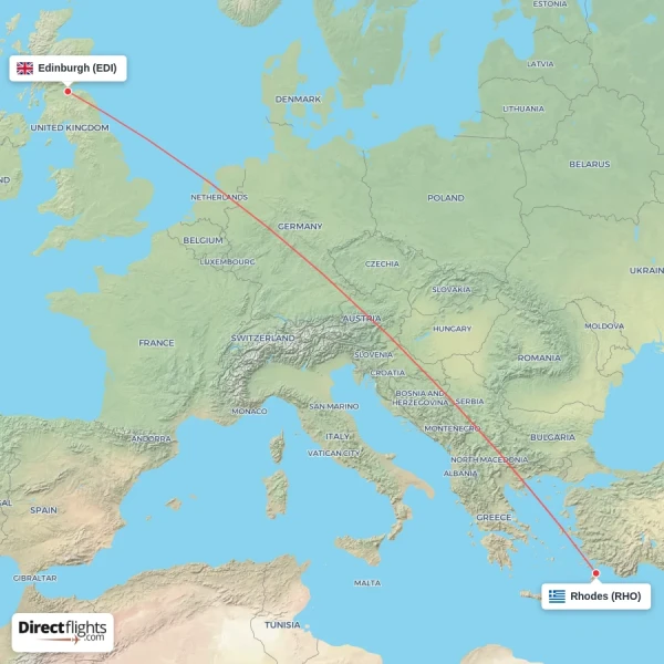 Rhodes - Edinburgh direct flight map