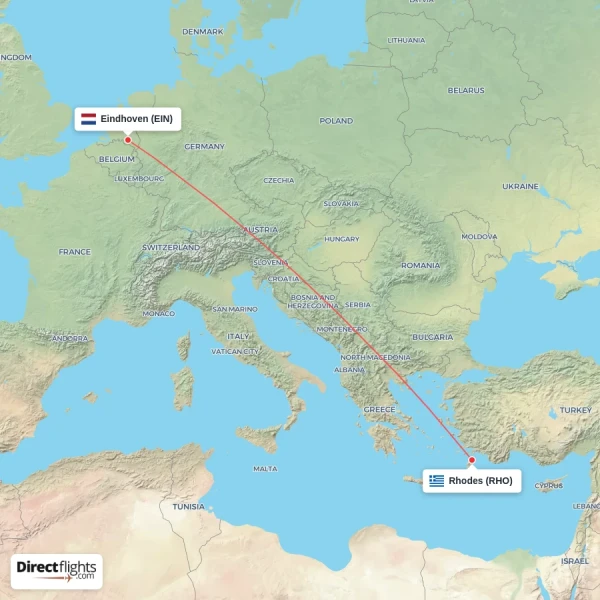 Rhodes - Eindhoven direct flight map