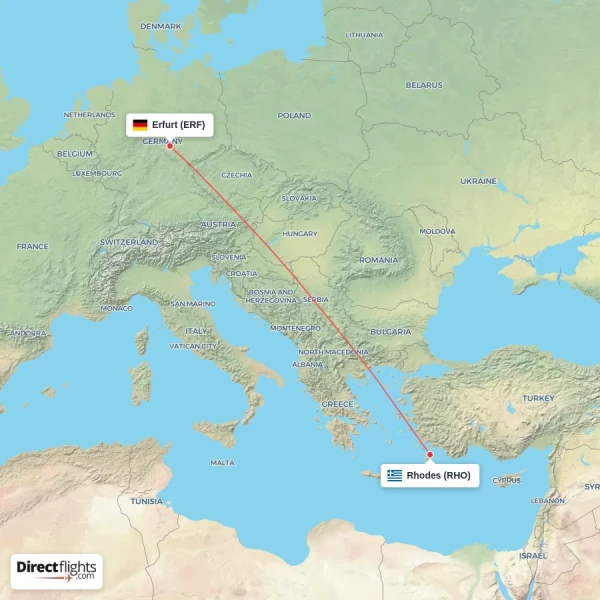 Rhodes - Erfurt direct flight map