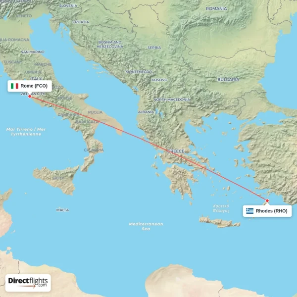 Rhodes - Rome direct flight map