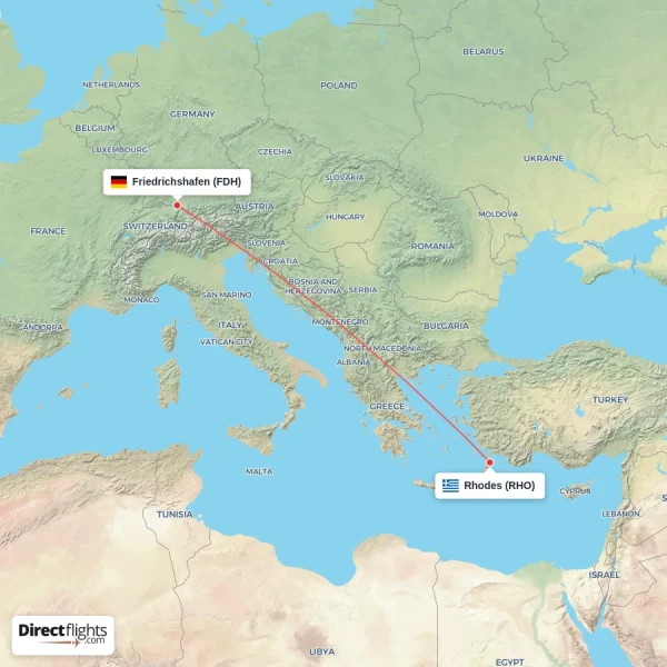 Rhodes - Friedrichshafen direct flight map
