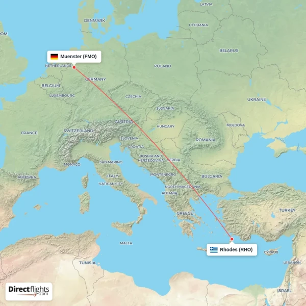 Rhodes - Muenster direct flight map