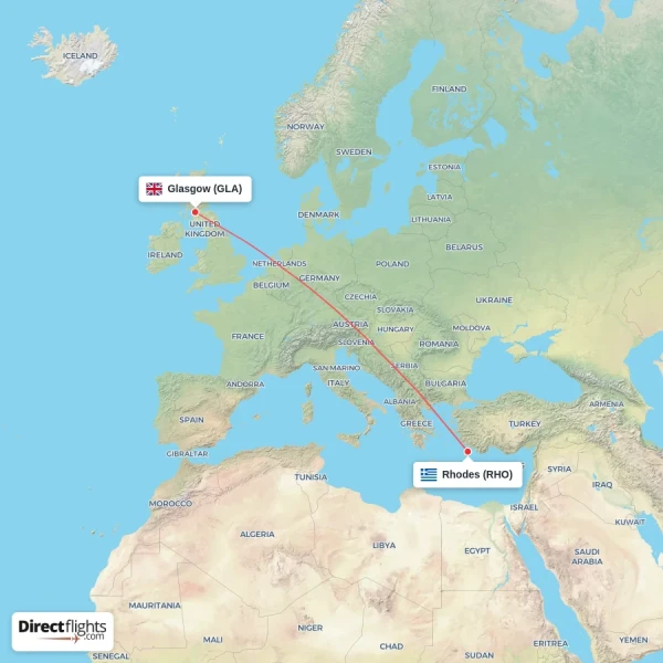 Rhodes - Glasgow direct flight map
