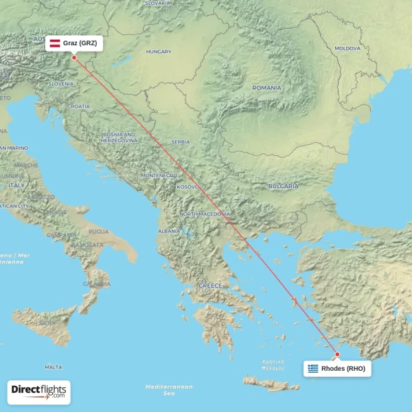 Rhodes - Graz direct flight map