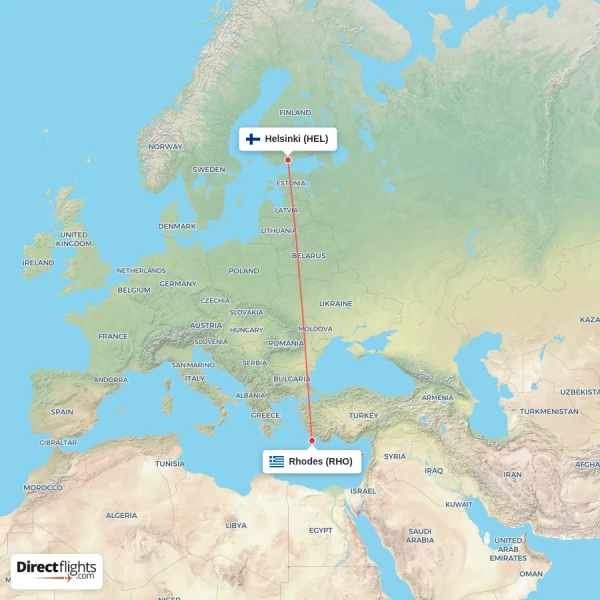 Rhodes - Helsinki direct flight map