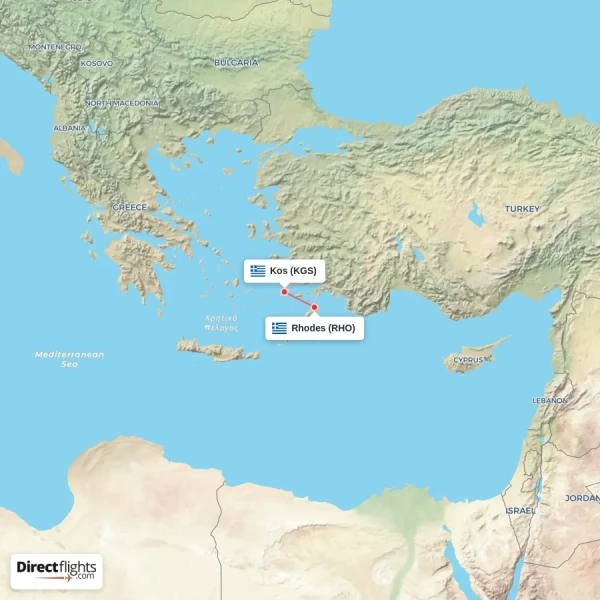 Rhodes - Kos direct flight map