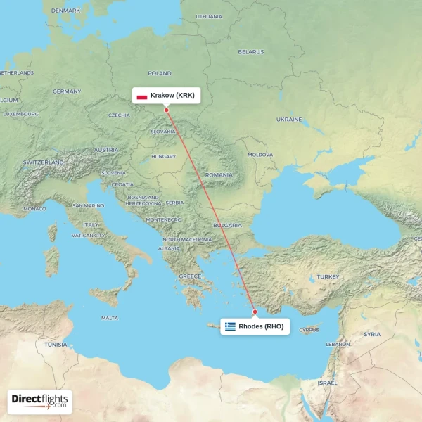 Rhodes - Krakow direct flight map