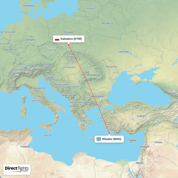 Rhodes - Katowice direct flight map