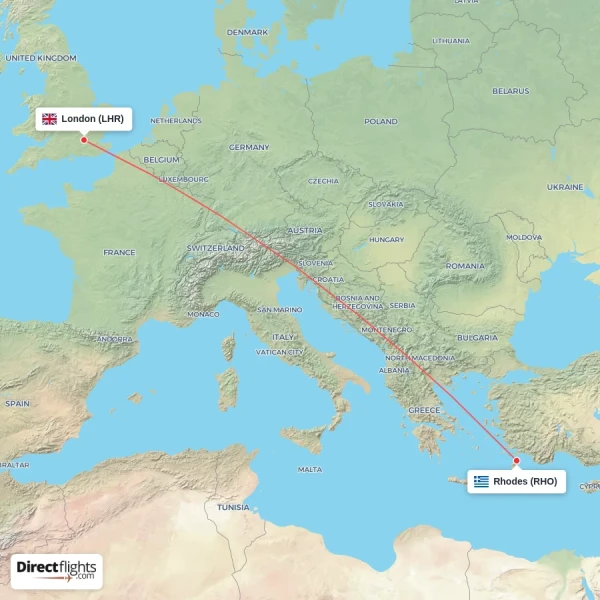 Rhodes - London direct flight map
