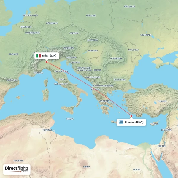 Rhodes - Milan direct flight map