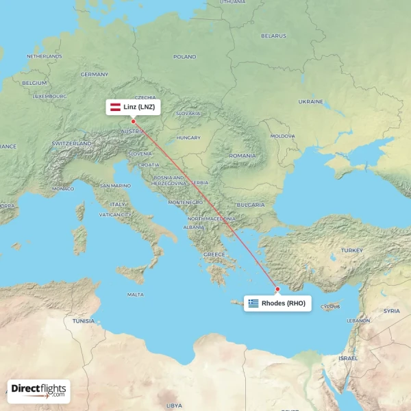 Rhodes - Linz direct flight map