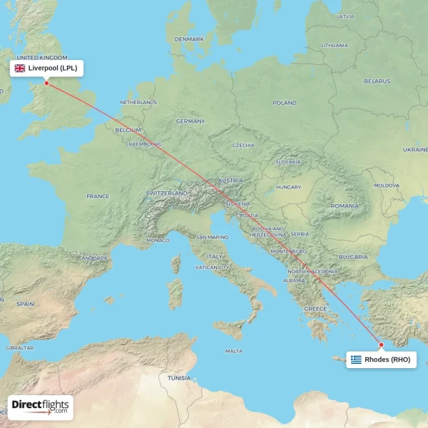 Rhodes - Liverpool direct flight map