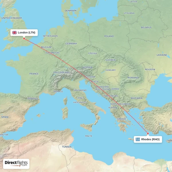Rhodes - London direct flight map