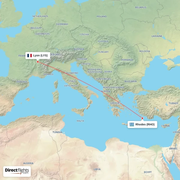 Rhodes - Lyon direct flight map