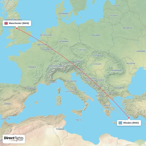 Rhodes - Manchester direct flight map