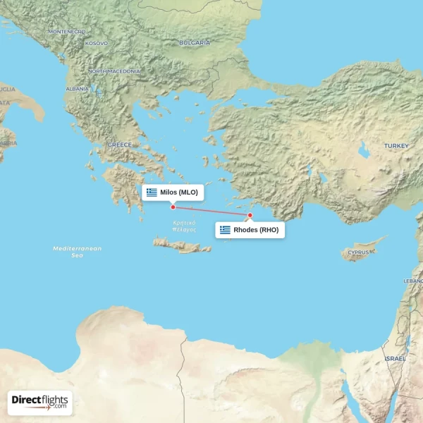 Rhodes - Milos direct flight map