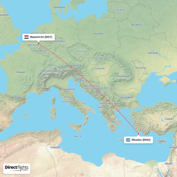 Rhodes - Maastricht direct flight map