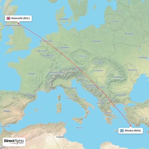 Rhodes - Newcastle direct flight map