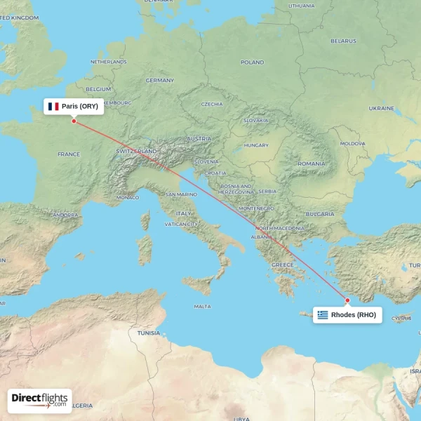 Rhodes - Paris direct flight map