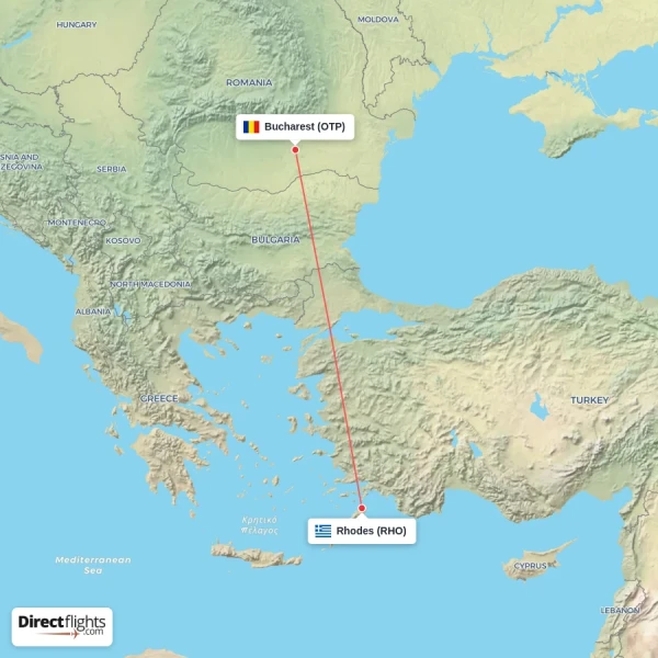 Rhodes - Bucharest direct flight map