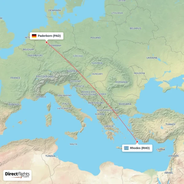 Rhodes - Paderborn direct flight map