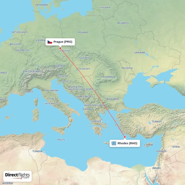 Rhodes - Prague direct flight map