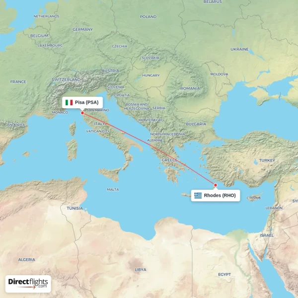 Rhodes - Pisa direct flight map