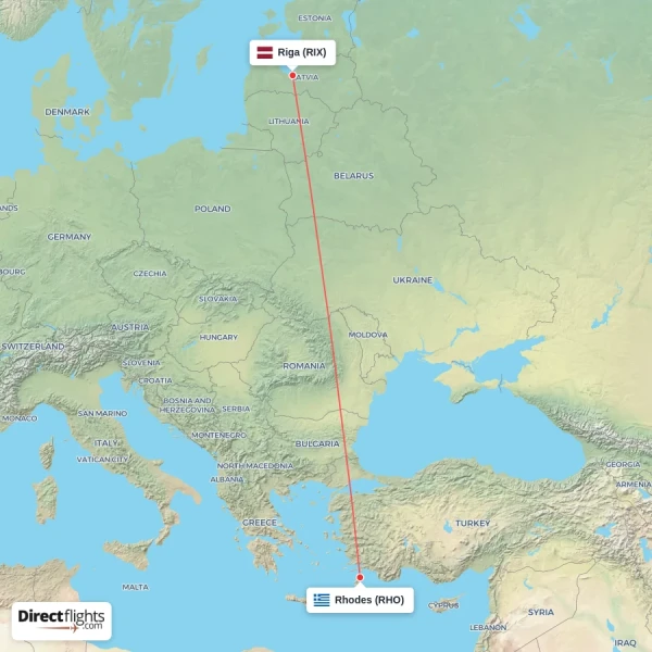 Rhodes - Riga direct flight map