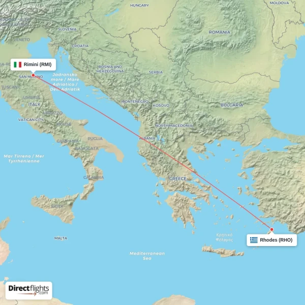 Rhodes - Rimini direct flight map