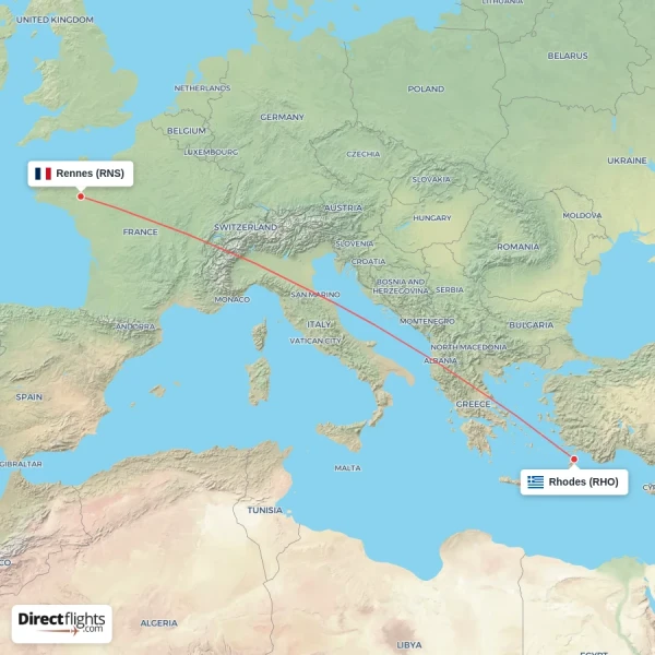 Rhodes - Rennes direct flight map