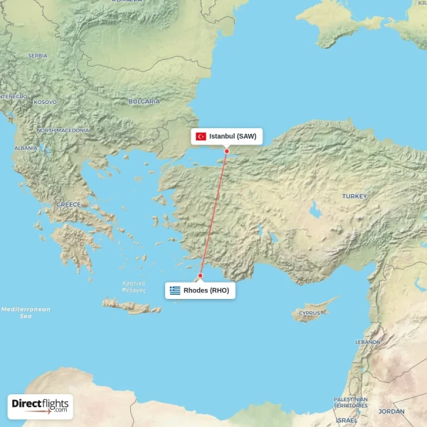 Rhodes - Istanbul direct flight map