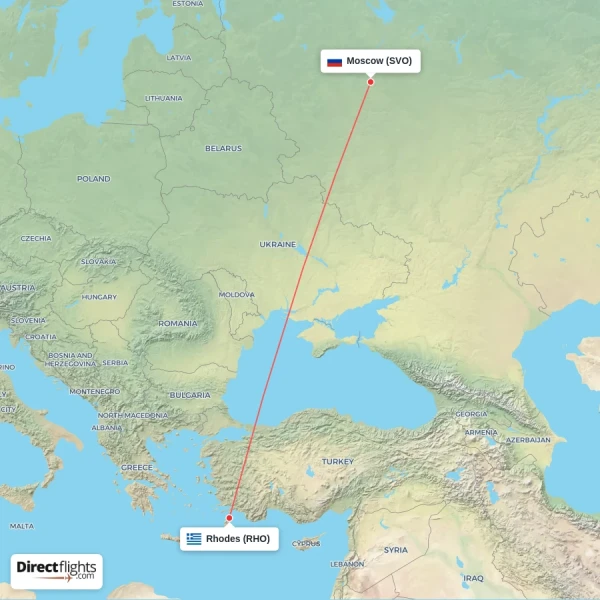 Rhodes - Moscow direct flight map