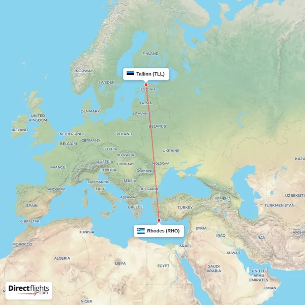 Rhodes - Tallinn direct flight map