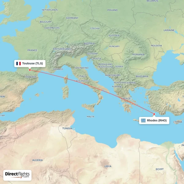 Rhodes - Toulouse direct flight map