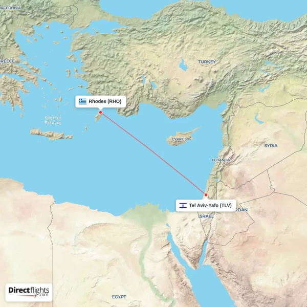 Rhodes - Tel Aviv-Yafo direct flight map