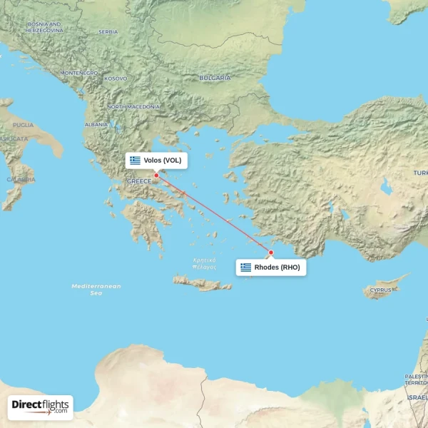 Rhodes - Volos direct flight map