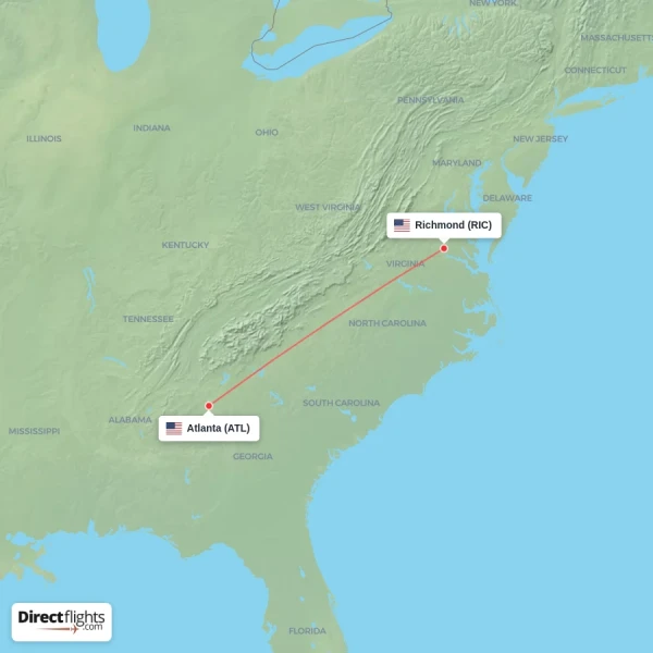 Richmond - Atlanta direct flight map