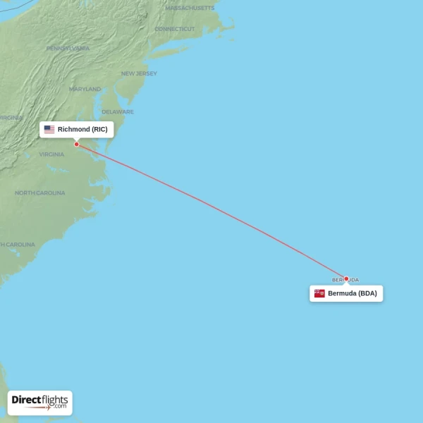 Richmond - Bermuda direct flight map
