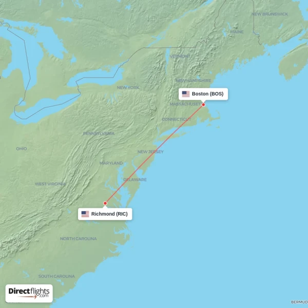 Richmond - Boston direct flight map