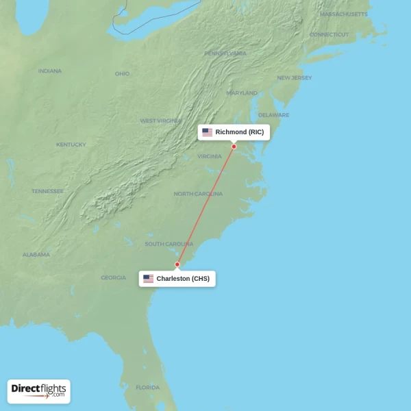 Richmond - Charleston direct flight map