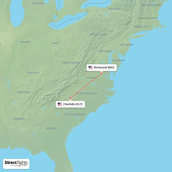 Richmond - Charlotte direct flight map