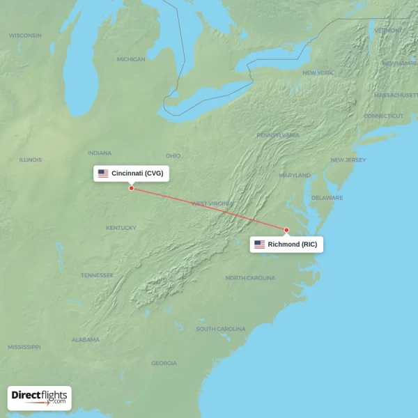 Richmond - Cincinnati direct flight map