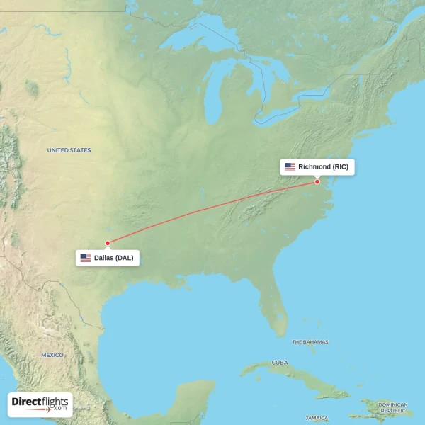 Richmond - Dallas direct flight map