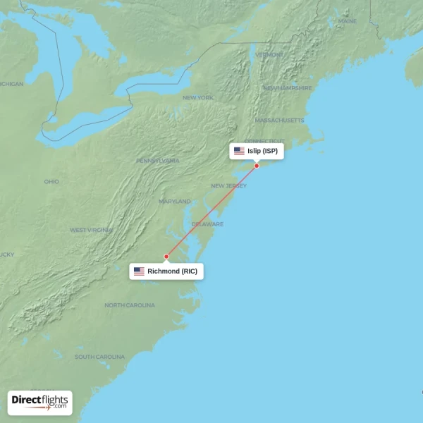 Richmond - Islip direct flight map
