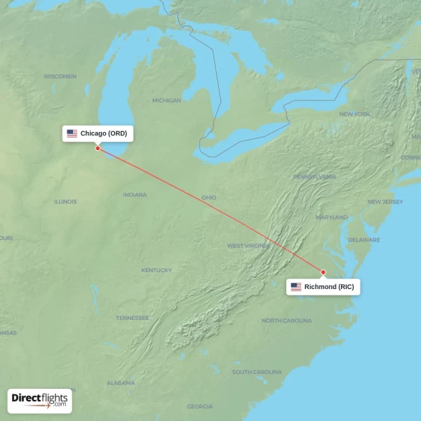Richmond - Chicago direct flight map