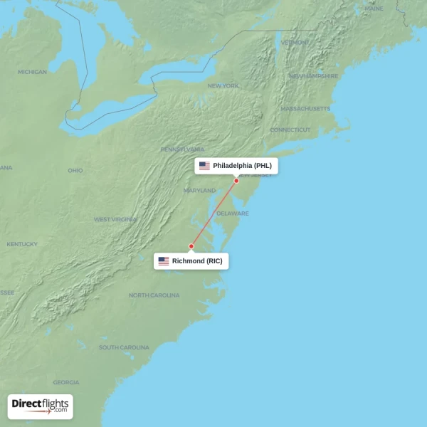 Richmond - Philadelphia direct flight map