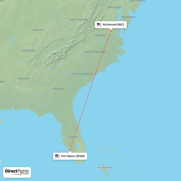Richmond - Fort Myers direct flight map