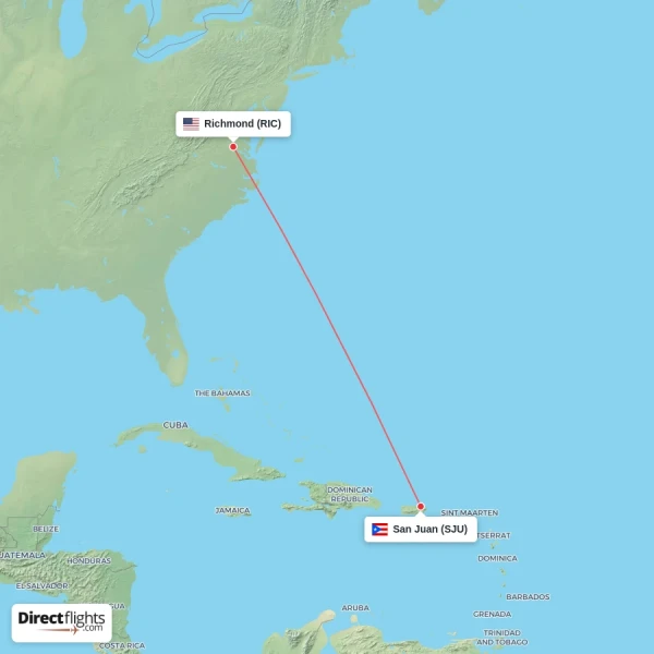 Richmond - San Juan direct flight map
